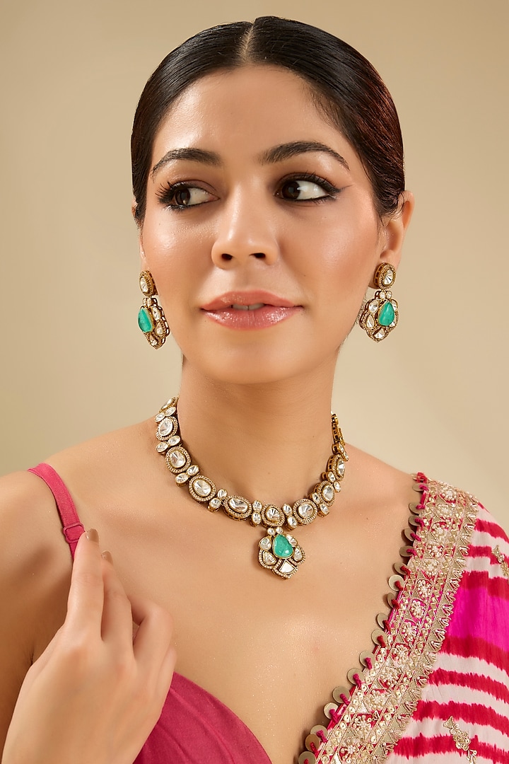 Gold Finish Kundan Polki & Turquoise Green Stone Choker Necklace Set by Auraa Trends at Pernia's Pop Up Shop