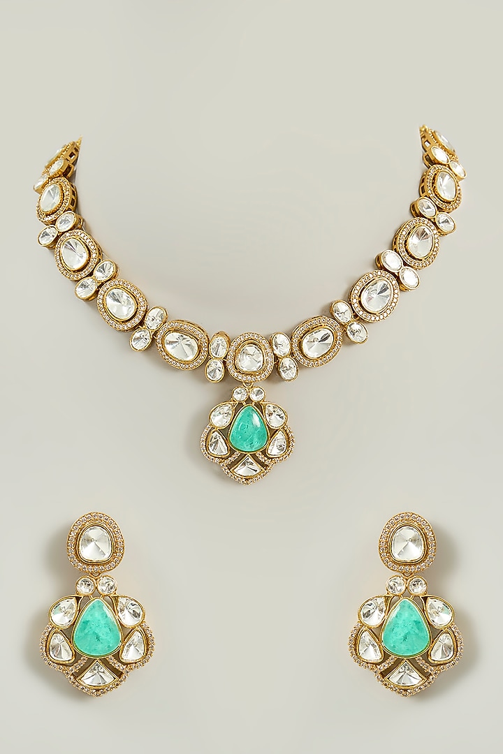 Gold Finish Kundan Polki & Turquoise Green Stone Choker Necklace Set by Aura Trends at Pernia's Pop Up Shop