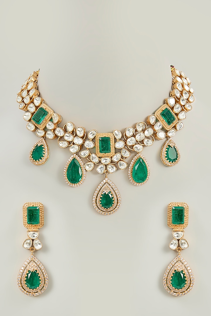 Gold Finish Kundan Polki & Emerald Green Stone Choker Necklace Set by Aura Trends at Pernia's Pop Up Shop