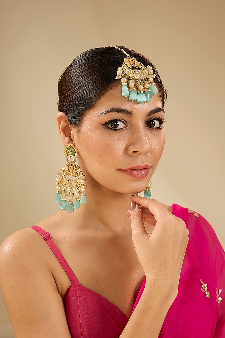 Gold Finish Pearl Dangler Earrings With Maangtikka by Auraa Trends at Pernia's Pop Up Shop