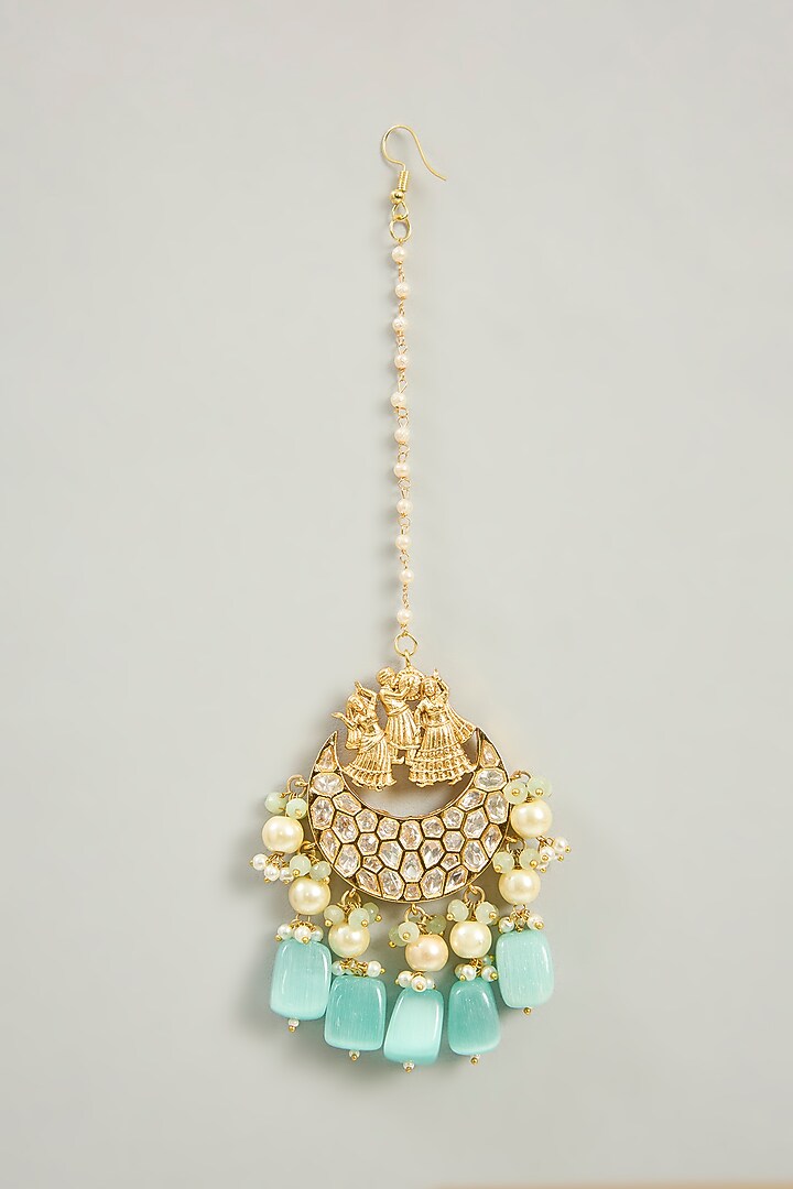 Gold Finish Pearl Dangler Earrings With Maangtikka by Aura Trends at Pernia's Pop Up Shop