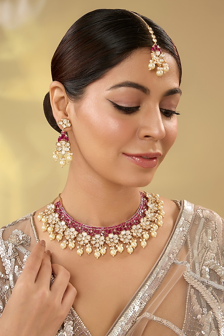 Gold Finish Kundan Polki Necklace Set by Aura Trends at Pernia's Pop Up Shop