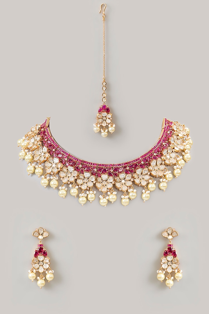 Gold Finish Kundan Polki Necklace Set by Aura Trends at Pernia's Pop Up Shop