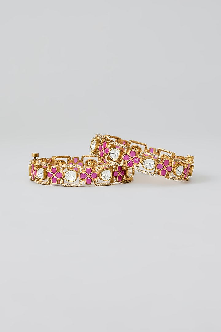 Gold Finish Polki Diamond Bangles (Set Of 2) by Aura Trends at Pernia's Pop Up Shop