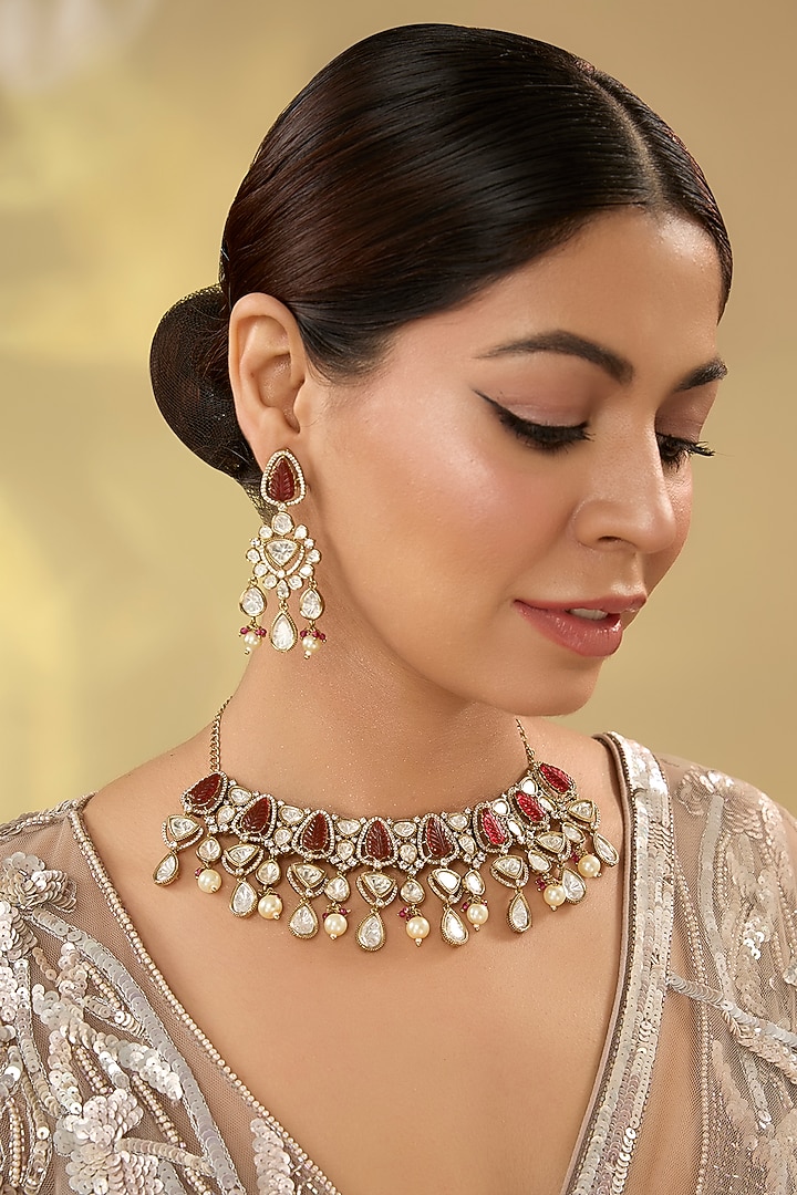 Gold Finish Kundan Polki & Gemstone Necklace Set by Aura Trends at Pernia's Pop Up Shop