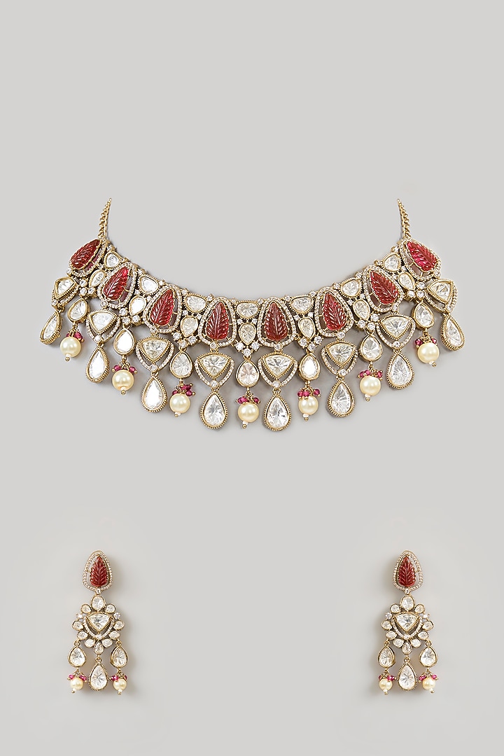 Gold Finish Kundan Polki & Gemstone Necklace Set by Aura Trends at Pernia's Pop Up Shop