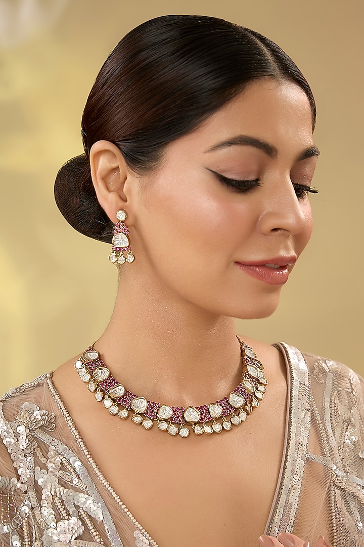 Gold Finish Kundan Polki Necklace Set by Aura Trends at Pernia's Pop Up Shop