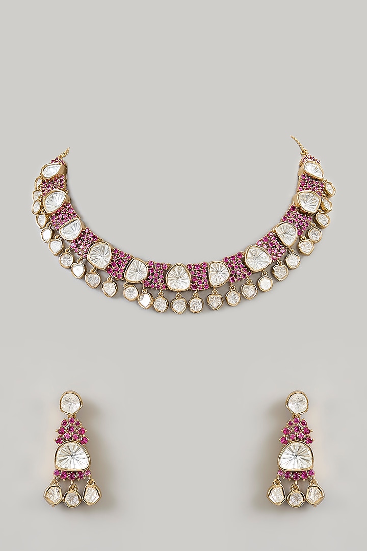 Gold Finish Kundan Polki Necklace Set by Aura Trends at Pernia's Pop Up Shop