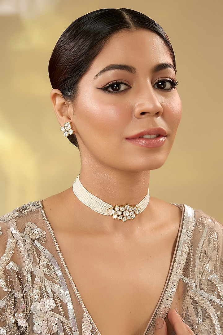Gold Finish Kundan Polki Choker Necklace Set by Aura Trends at Pernia's Pop Up Shop
