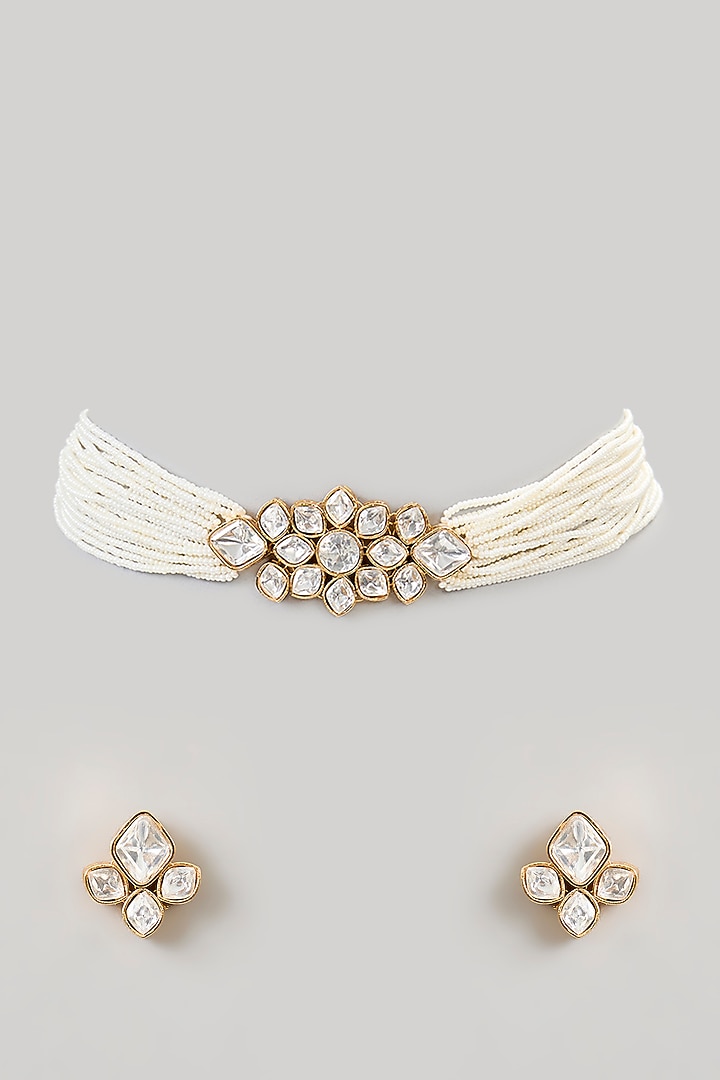 Gold Finish Kundan Polki Choker Necklace Set by Aura Trends at Pernia's Pop Up Shop