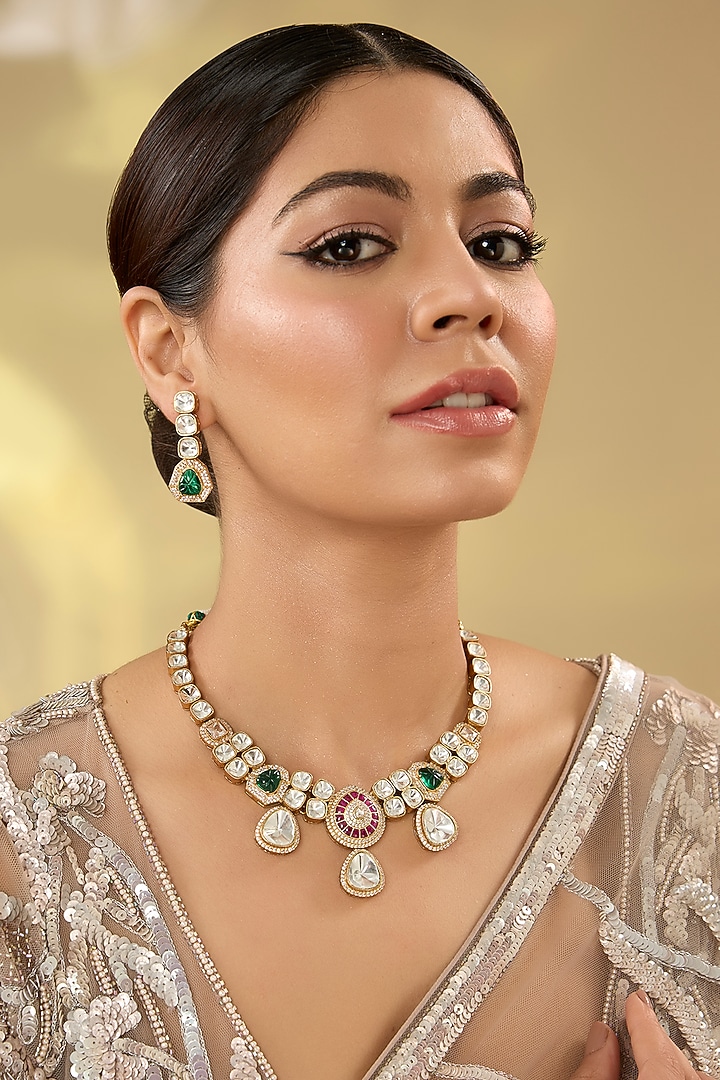 Gold Finish Kundan Polki Necklace Set by Aura Trends at Pernia's Pop Up Shop
