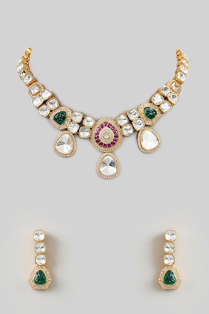 Gold Finish Kundan Polki Necklace Set by Aura Trends at Pernia's Pop Up Shop
