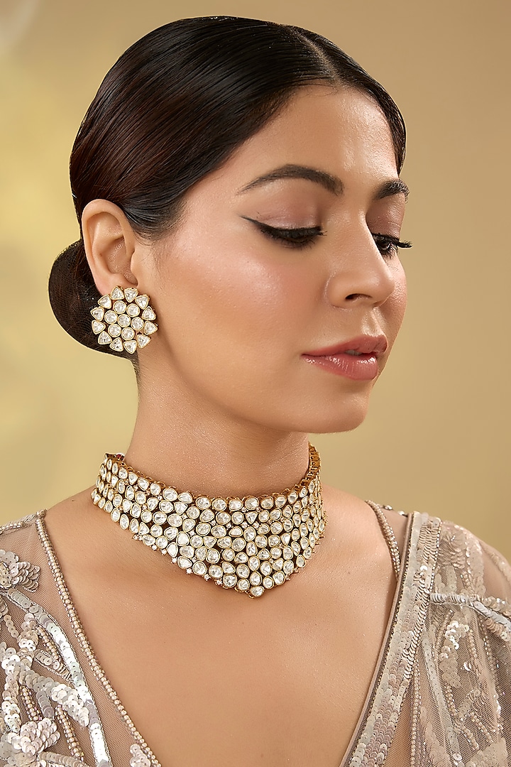 Gold Finish Kundan Polki Choker Necklace Set by Aura Trends at Pernia's Pop Up Shop