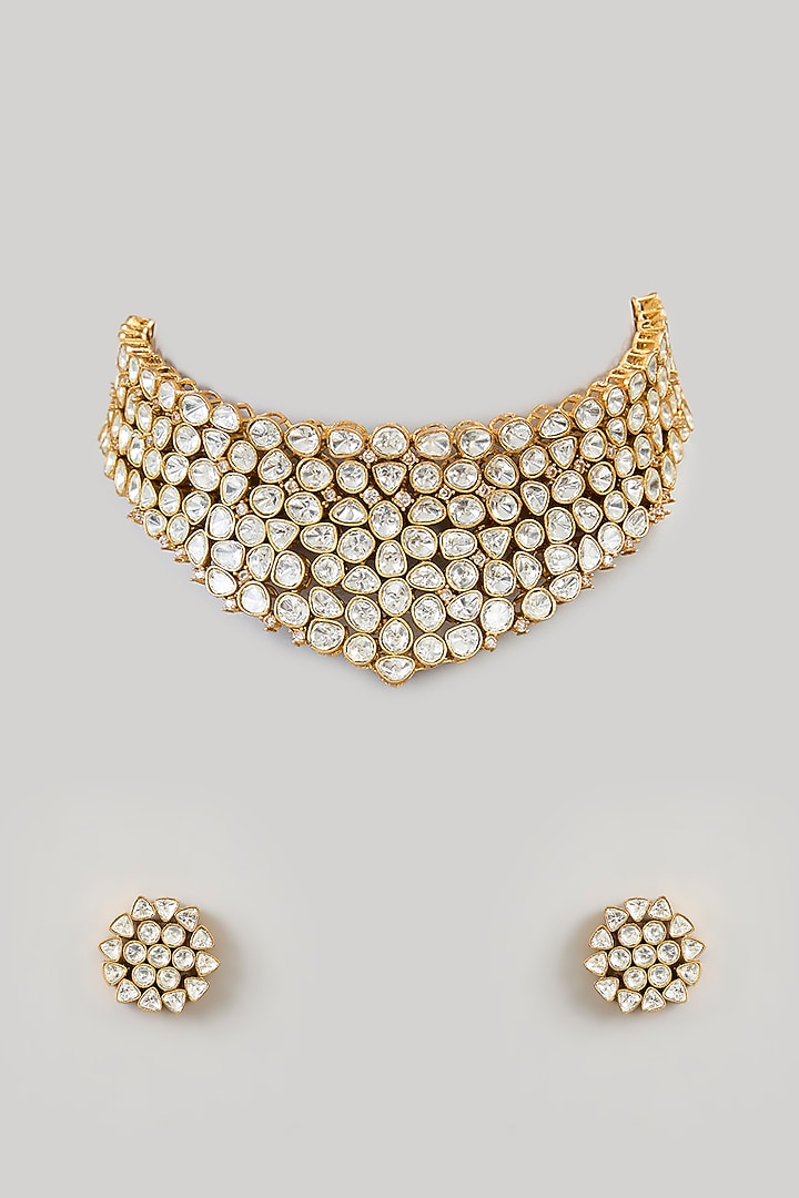 Gold Finish Kundan Polki Choker Necklace Set by Aura Trends at Pernia's Pop Up Shop