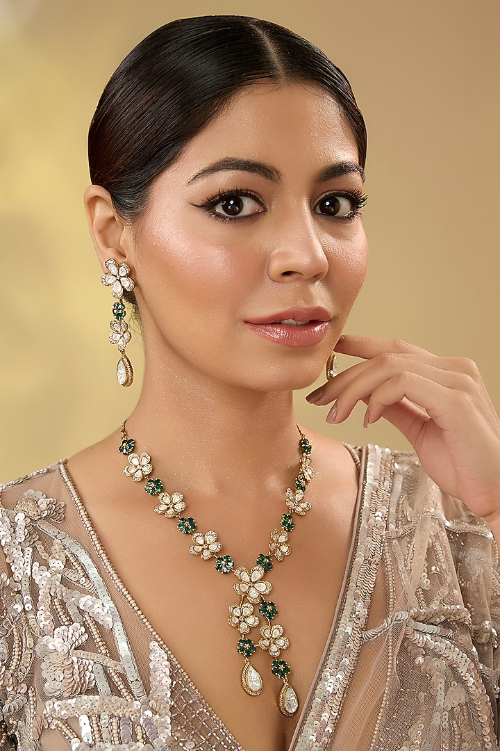 Gold Finish Kundan Polki Necklace Set by Aura Trends at Pernia's Pop Up Shop