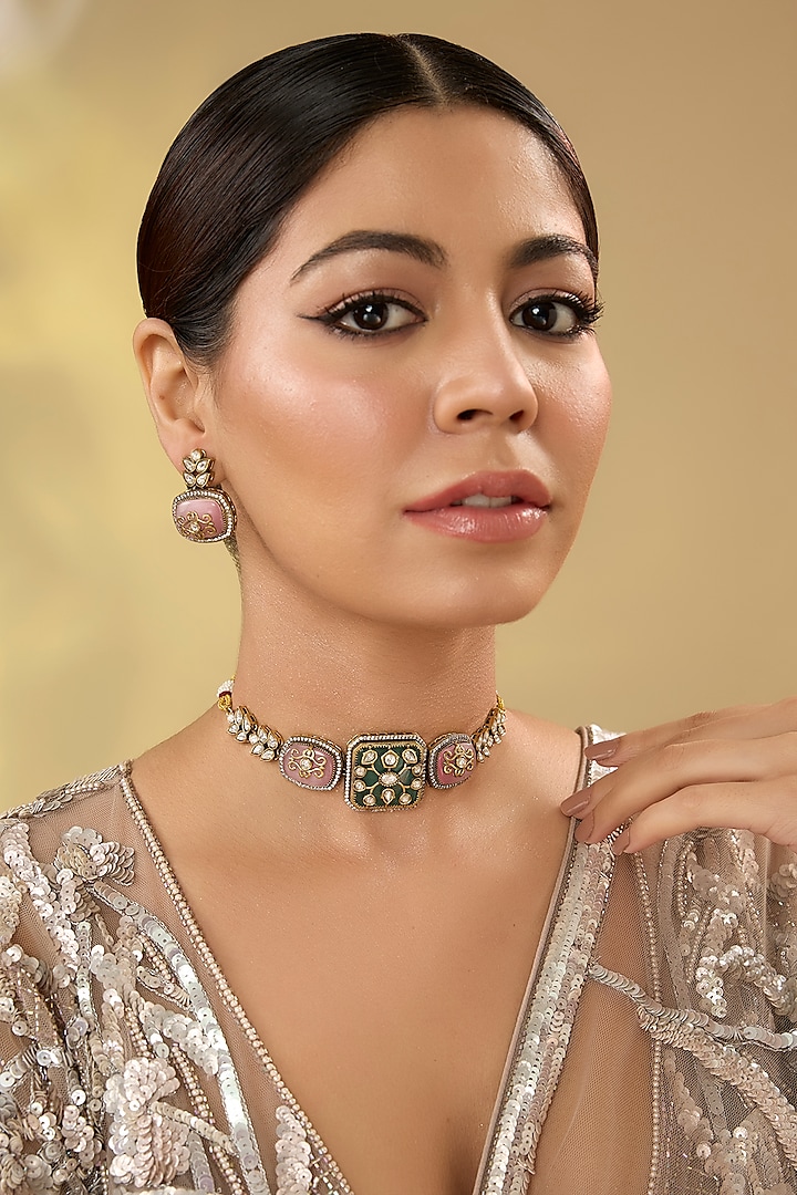 Gold Finish Kundan Polki & Turquoise Green Stone Choker Necklace Set by Aura Trends at Pernia's Pop Up Shop