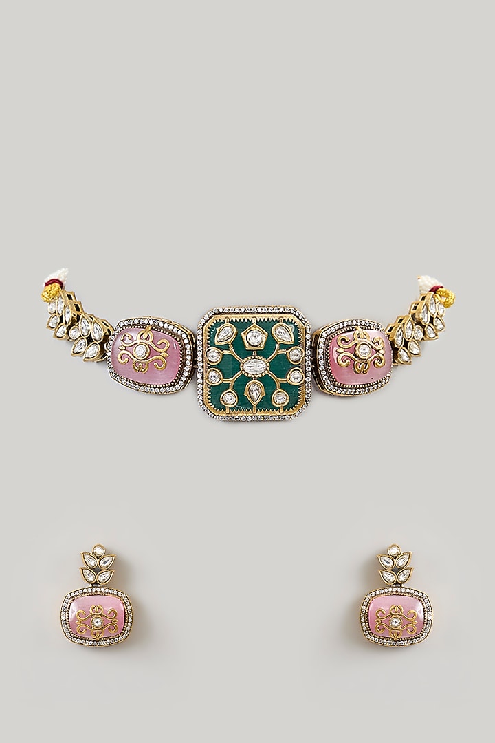 Gold Finish Kundan Polki & Turquoise Green Stone Choker Necklace Set by Aura Trends at Pernia's Pop Up Shop