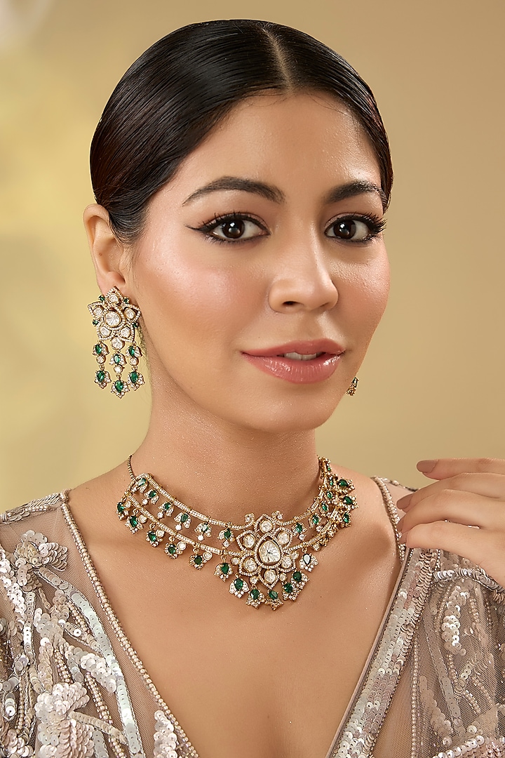Gold Finish Kundan Polki & Diamond Necklace Set by Aura Trends at Pernia's Pop Up Shop