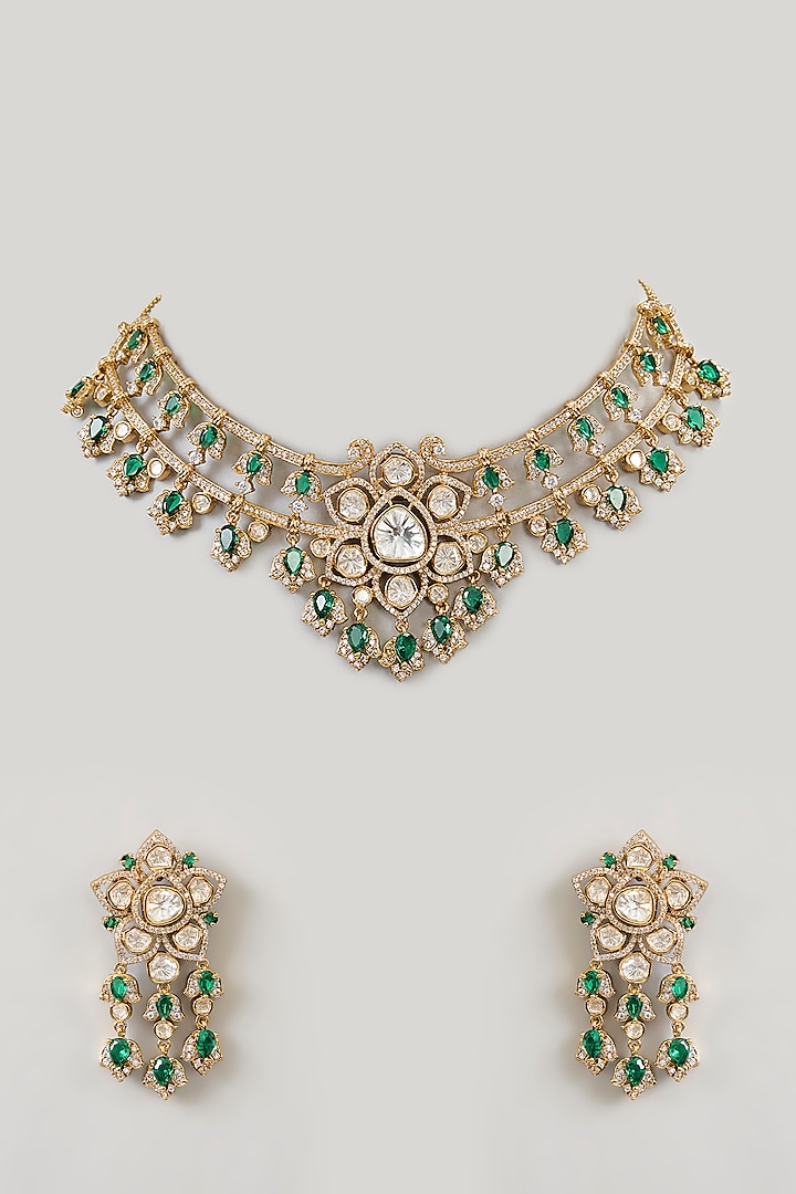 Gold Finish Kundan Polki & Diamond Necklace Set by Aura Trends at Pernia's Pop Up Shop