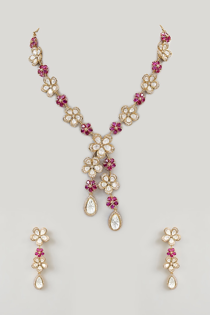 Gold Finish Kundan Polki Necklace Set by Aura Trends at Pernia's Pop Up Shop
