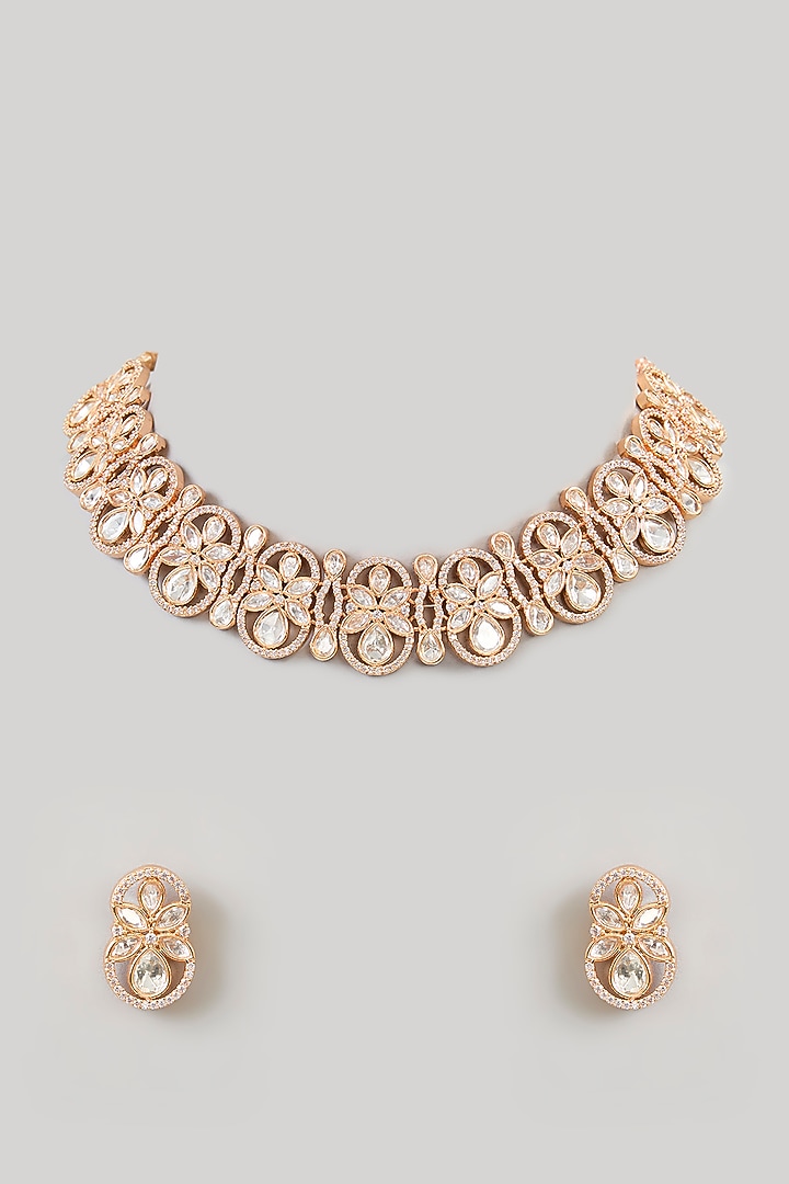 Gold Finish Crystal & Diamond Necklace Set by Aura Trends at Pernia's Pop Up Shop