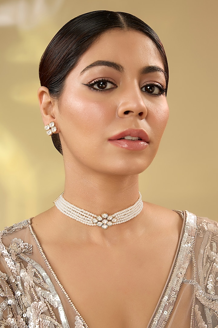 Gold Finish Kundan Polki Choker Necklace Set by Aura Trends at Pernia's Pop Up Shop