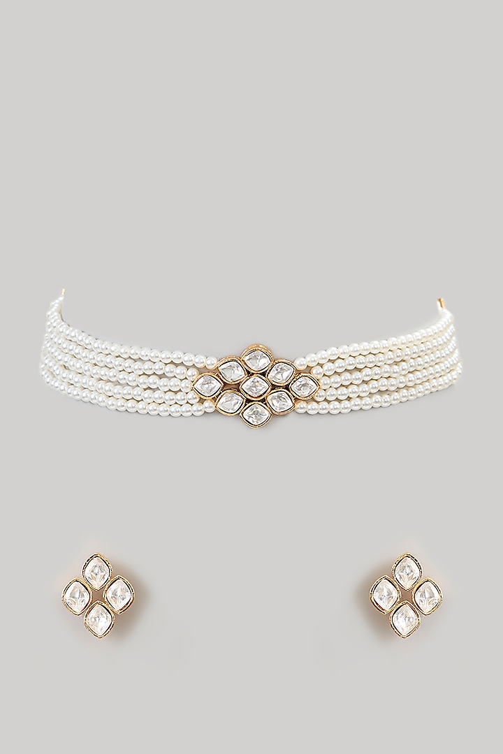 Gold Finish Kundan Polki Choker Necklace Set by Aura Trends at Pernia's Pop Up Shop
