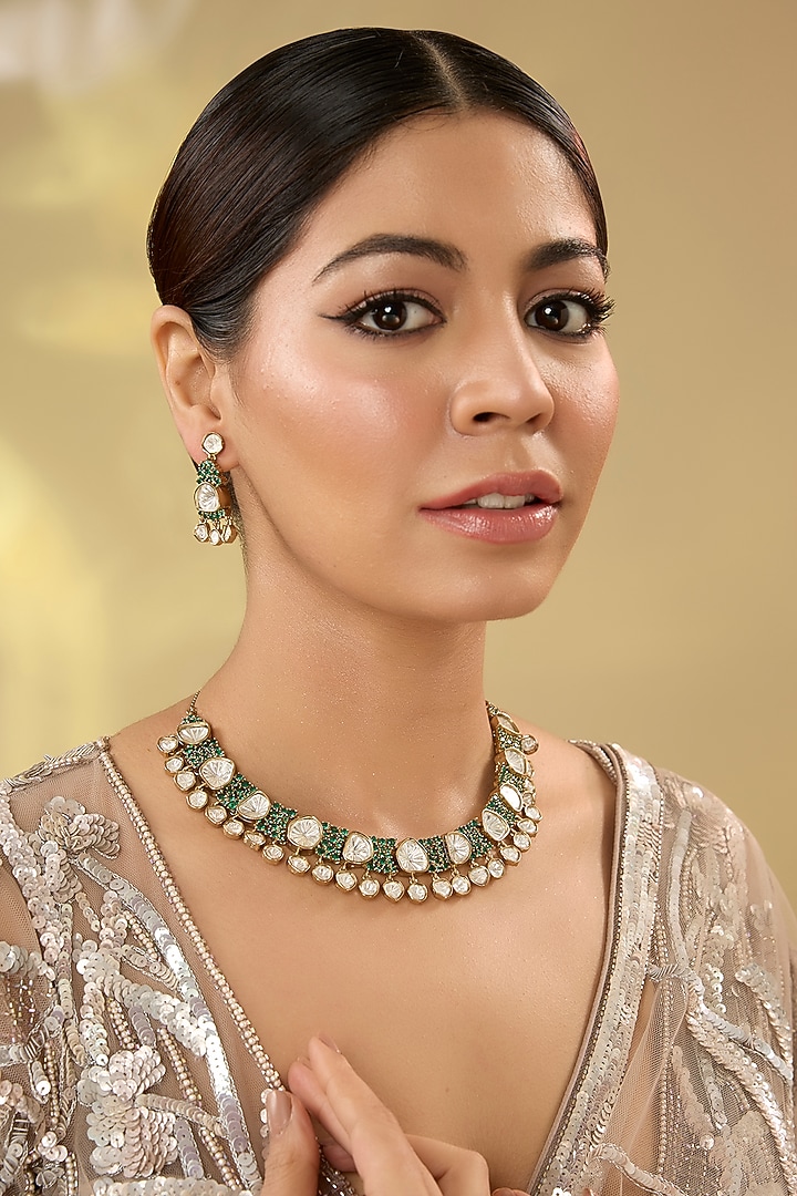 Gold Finish Kundan Polki Choker Necklace Set by Aura Trends at Pernia's Pop Up Shop