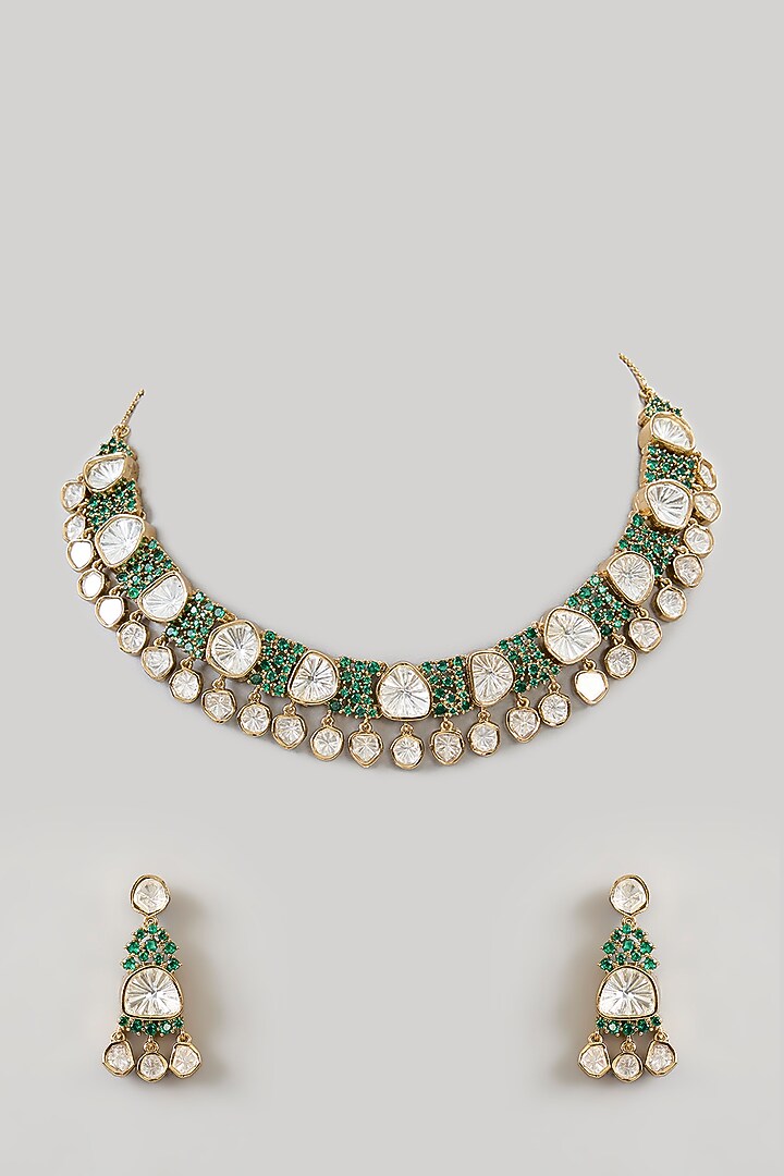 Gold Finish Kundan Polki Choker Necklace Set by Aura Trends at Pernia's Pop Up Shop