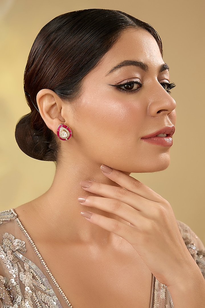 Gold Finish Kundan Polki Stud Earrings by Auraa Trends at Pernia's Pop Up Shop