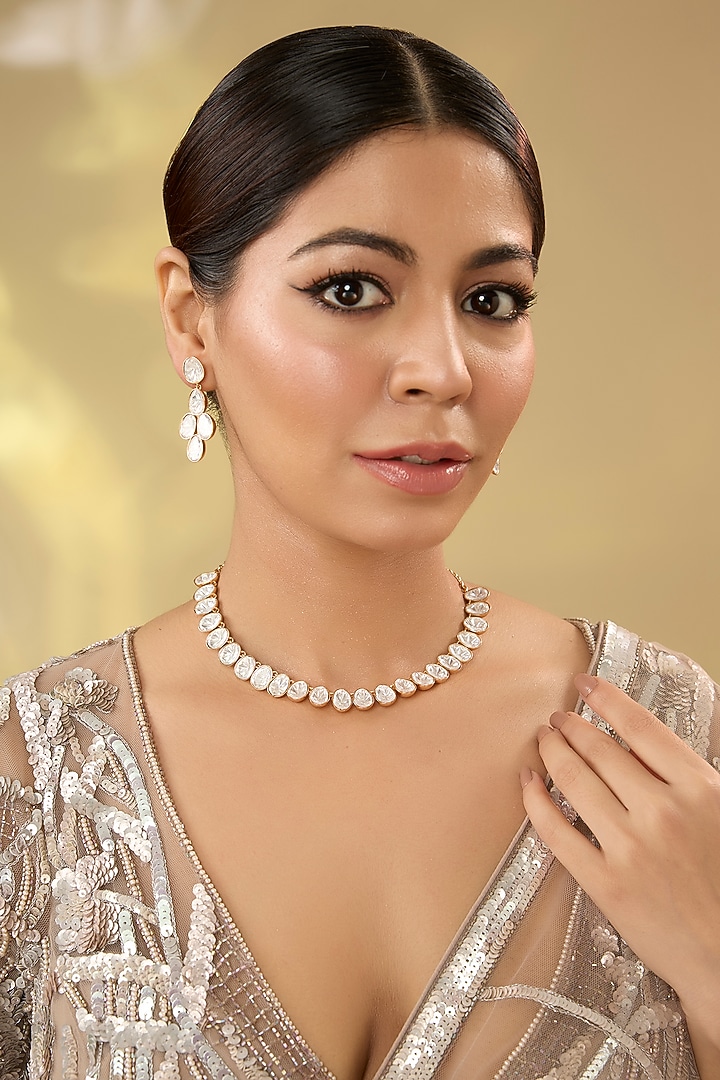Gold Finish Kundan Polki Choker Necklace Set by Aura Trends at Pernia's Pop Up Shop