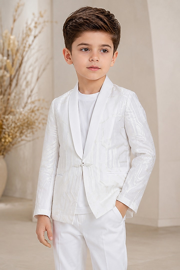 Ivory Linen Embroidered Jacket For Boys by Arun Verma Kids at Pernia's Pop Up Shop