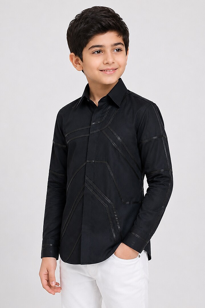 Black Cotton Shirt For Boys by Arun Verma Kids at Pernia's Pop Up Shop