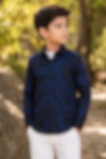 Navy Blue Cotton Satin Applique Embroidered Shirt For Boys by Arun Verma Kids at Pernia's Pop Up Shop