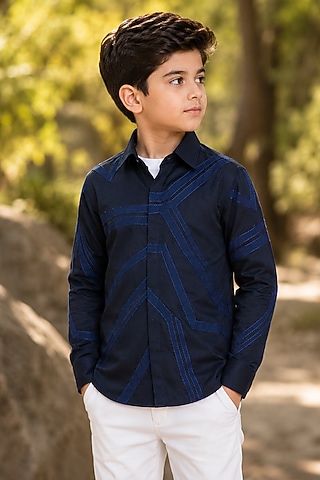 Navy Blue Cotton Satin Applique Embroidered Shirt For Boys by Arun Verma Kids