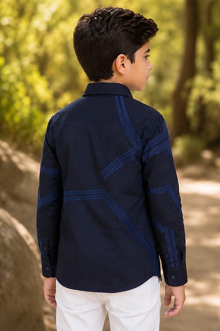 Navy Blue Cotton Satin Applique Embroidered Shirt For Boys by Arun Verma Kids at Pernia's Pop Up Shop