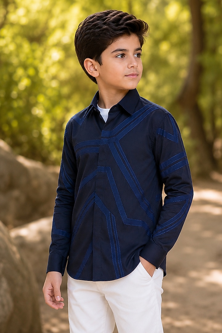 Navy Blue Cotton Satin Applique Embroidered Shirt For Boys by Arun Verma Kids at Pernia's Pop Up Shop