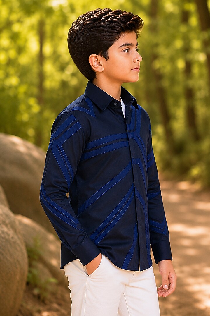 Navy Blue Cotton Satin Applique Embroidered Shirt For Boys by Arun Verma Kids at Pernia's Pop Up Shop