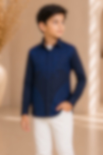 Navy Blue Cotton Satin Applique Embroidered Shirt For Boys by Arun Verma Kids at Pernia's Pop Up Shop