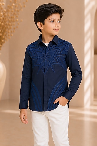 Navy Blue Cotton Satin Applique Embroidered Shirt For Boys by Arun Verma Kids