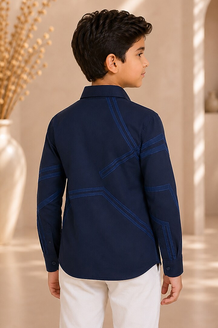 Navy Blue Cotton Satin Applique Embroidered Shirt For Boys by Arun Verma Kids at Pernia's Pop Up Shop