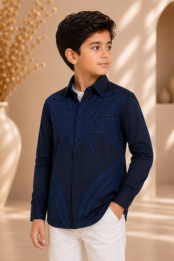 Navy Blue Cotton Satin Applique Embroidered Shirt For Boys by Arun Verma Kids at Pernia's Pop Up Shop