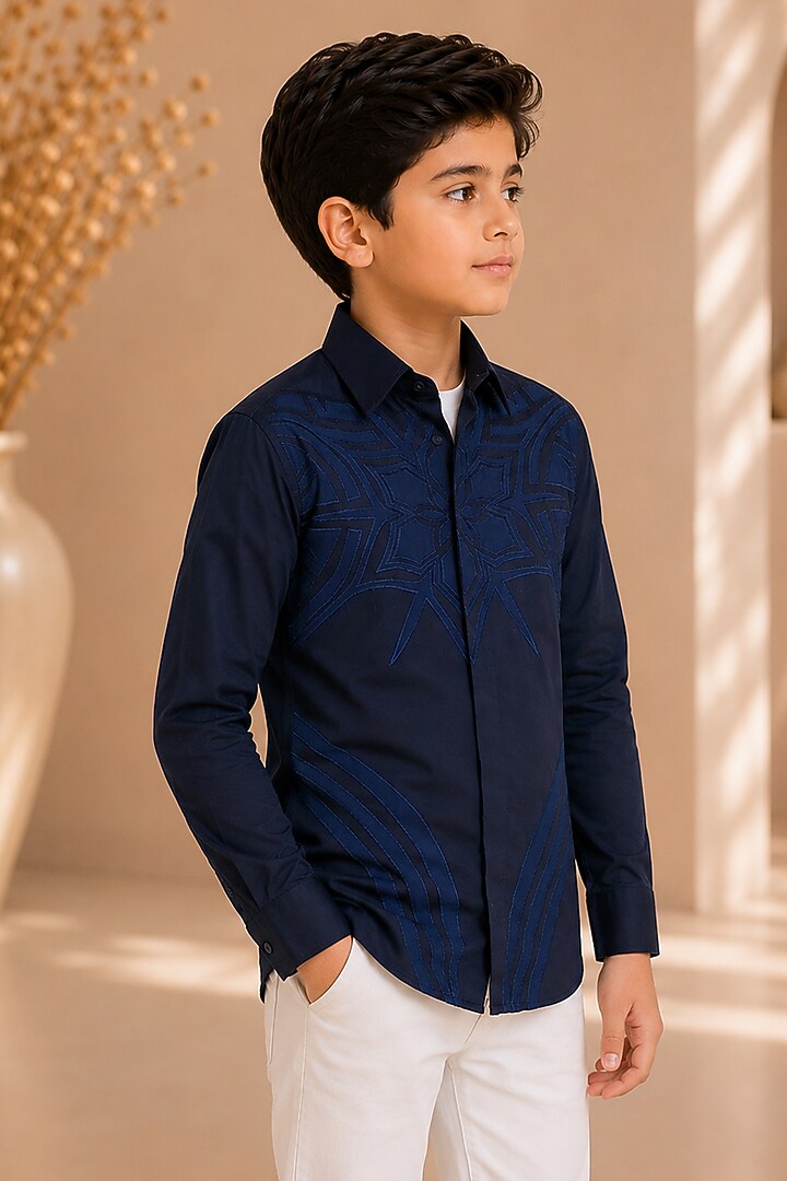 Navy Blue Cotton Satin Applique Embroidered Shirt For Boys by Arun Verma Kids at Pernia's Pop Up Shop