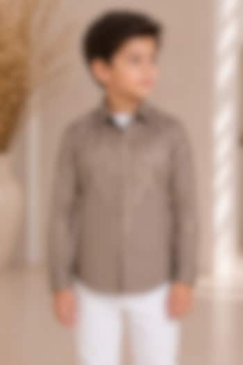 Pewter Beige Cotton Satin Resham Embroidered Shirt For Boys by Arun Verma Kids at Pernia's Pop Up Shop