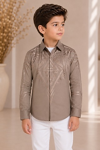Pewter Beige Cotton Satin Resham Embroidered Shirt For Boys by Arun Verma Kids