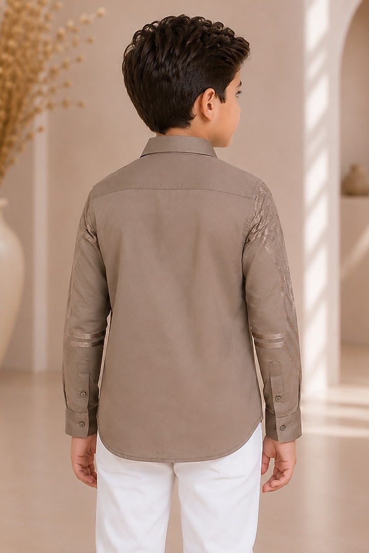 Pewter Beige Cotton Satin Resham Embroidered Shirt For Boys by Arun Verma Kids at Pernia's Pop Up Shop
