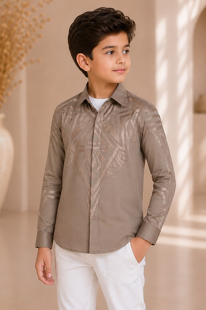 Pewter Beige Cotton Satin Resham Embroidered Shirt For Boys by Arun Verma Kids at Pernia's Pop Up Shop
