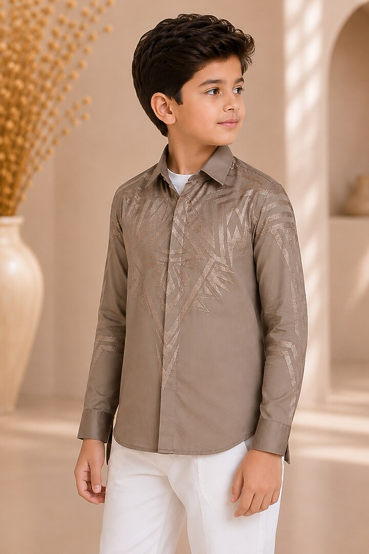 Pewter Beige Cotton Satin Resham Embroidered Shirt For Boys by Arun Verma Kids at Pernia's Pop Up Shop