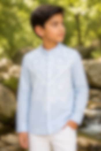 Pale Blue Cotton Satin Applique Embroidered Shirt For Boys by Arun Verma Kids at Pernia's Pop Up Shop