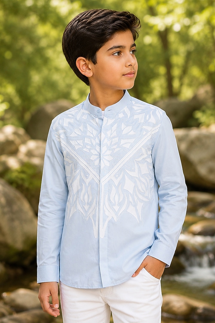 Pale Blue Cotton Satin Applique Embroidered Shirt For Boys by Arun Verma Kids at Pernia's Pop Up Shop